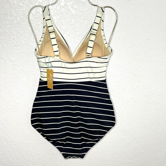 Kona Sol Navy Striped V-Neck Full Coverage One Piece Swimsuit Size S (4-6) New! - Picture 4 of 10